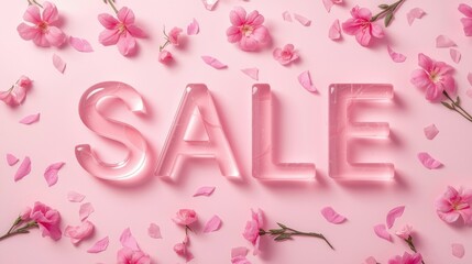 Promotional sale deal on business trades with glass sign surrounded by pink flowers