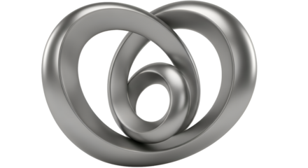 Abstract metallic sculpture with a complex, intertwined loop design, isolated on transparent background