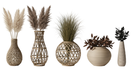 Collection of five decorative vases with dried plants and foliage, isolated on transparent background