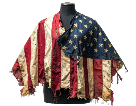An antique, tattered American flag draped over a headless mannequin, displaying war damage