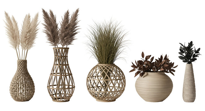 Collection of five decorative vases with dried plants and foliage, isolated on transparent background