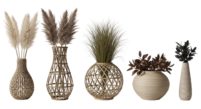 Collection of five decorative vases with dried plants and foliage, isolated on transparent background