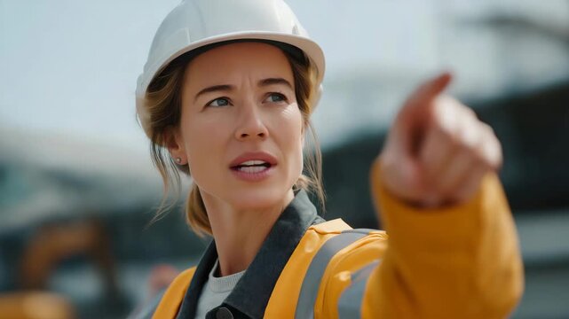 A female project manager giving instructions to a reconstruction crew, showcasing leadership, inclusion, equality, and the growing role of women in disaster recovery and civil engineering.