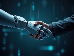 A symbolic representation of the collaboration between artificial intelligence and humans. The handshake between a robotic and human hand conveys trust in AI-powered solutions