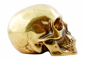 a golden skull sculpture with a reflective finish isolated on white background png, ai generated