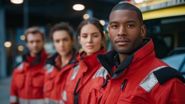 A group of paramedics in coordinated emergency response uniforms standing beside an ambulance, representing readiness, teamwork, resilience, and the identity of frontline medical workers. cinematic