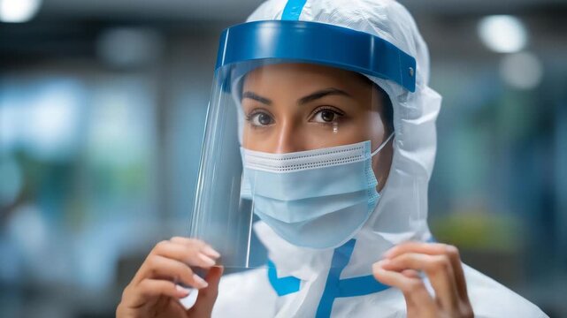 A healthcare worker adjusting a protective gown and face shield in a sterile preparation area, symbolizing infection prevention, safety procedures, and adherence to medical protocols. cinematic