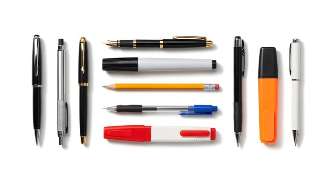 A flat lay arrangement of various pens pencils and markers on a clean white surface in a studio shot