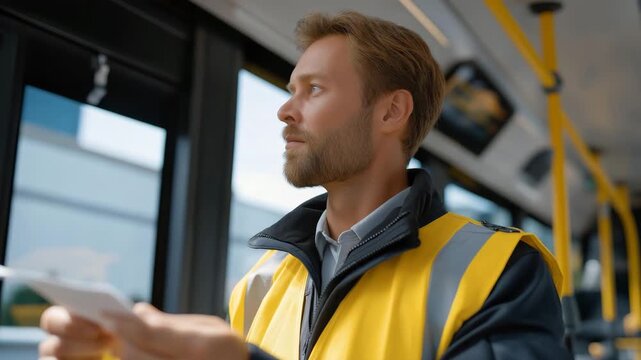 A male inspector in a reflective vest issuing a fine or explaining travel rules, representing responsibility, fairness, professionalism, and adherence to public transportation regulations.