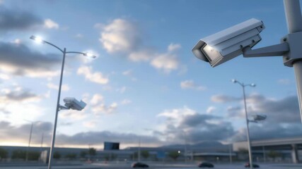 A public square with visible security cameras mounted on modern streetlights, showcasing infrastructure, urban safety, prevention, and the role of surveillance in protecting communities. cinematic - Powered by Adobe