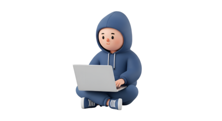 A cute cartoon child wearing a blue hoodie and sneakers, sitting crosslegged and typing on a laptop, isolated on transparent background