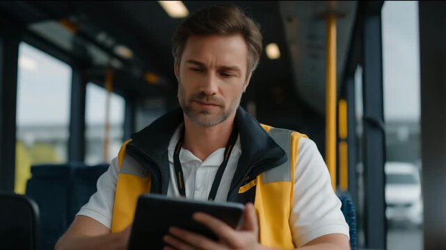 A ticket inspector using a tablet connected to a transport database, showcasing technology integration, smart cities, digital infrastructure, and data-driven mobility solutions. cinematic color