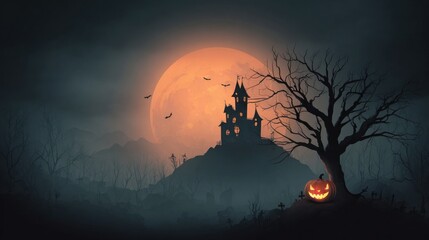 Haunted castle and evil pumpkin in dark Halloween background