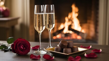 Romance champagne glasses chocolate rose petals fireplace love celebration valentine's day romantic warm cozy