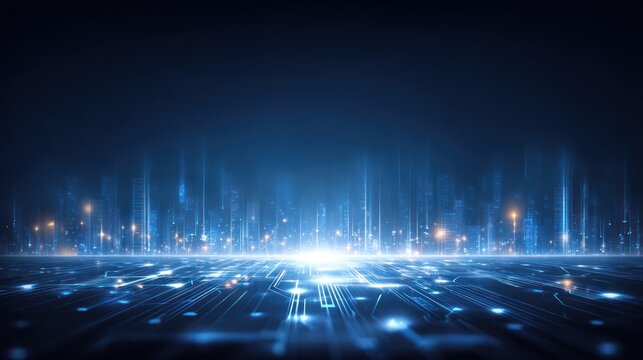 Digital Vista: Abstract digital landscape illuminated with a futuristic blue glow, representing data streams and technological advancement. The vibrant scene symbolizes connectivity, information flow.