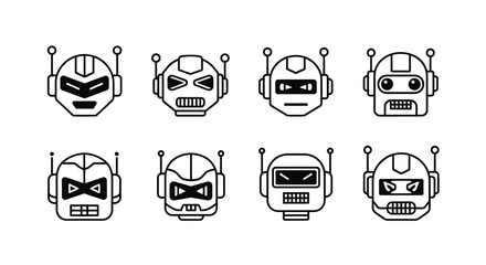 Collection of eight diverse retro sci-fi robot heads icons with antennae simple drawings vector