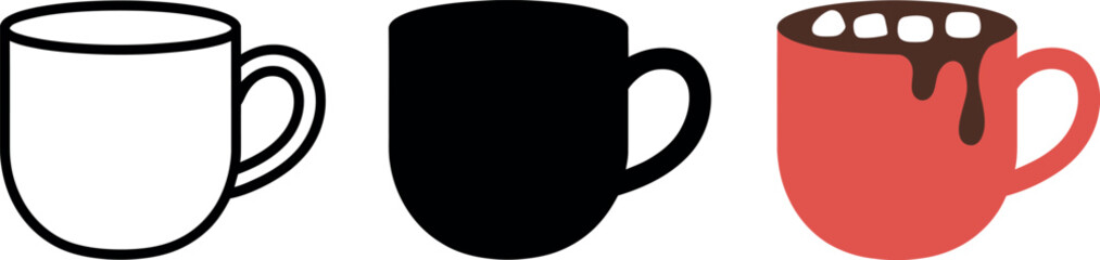 Three mugs of different styles showcasing hot chocolate and plain designs for various uses