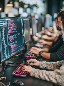 Programmers Coding in a Modern Workspace With Dual Monitors and Headsets