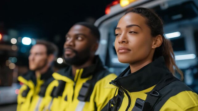 A group of paramedics in coordinated emergency response uniforms standing beside an ambulance, representing readiness, teamwork, resilience, and the identity of frontline medical workers. cinematic
