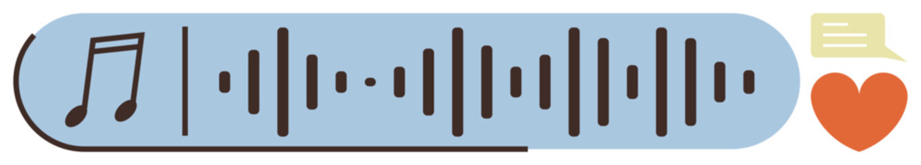 Sound waves flow between a music note, chat bubble, and heart, symbolizing connectivity, expression, and emotion. Ideal for music, communication, podcasting media technology creativity