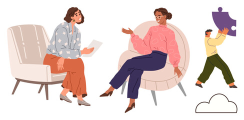 Two women engage in thoughtful conversation seated on modern chairs, while a person carries a large puzzle piece. Ideal for collaboration, teamwork, problem-solving, consulting, communication