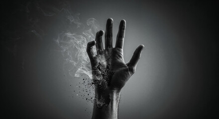Hand Dissolving into Smoke and Dust in Monochrome human hand disintegrating
