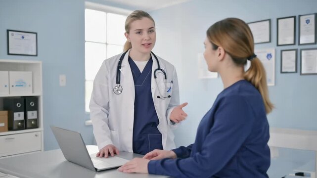 smiling doctor consulting patient in office, medical consultation, professional healthcare, stethoscope around neck, friendly atmosphere, bright clinic background