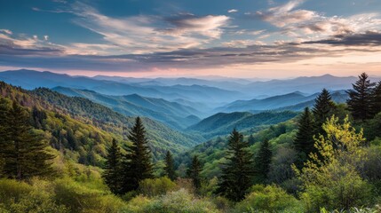 Fototapeta premium Mountain Vista: A panoramic view unfolds, revealing layered mountain ranges cloaked in varying hues of green, under a dramatic sky painted with wisps of cloud. This landscape paints a serene scene.