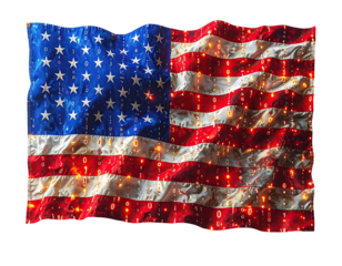 A digitally rendered, waving depiction of the US flag with binary code embedded across the fabric