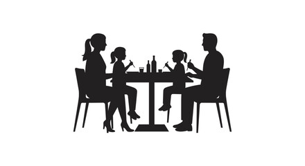 Silhouette family enjoying meal together sitting around table outdoors with bottles and plates in evening silhouette