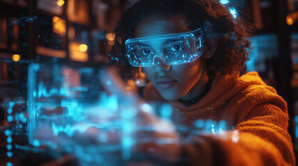 a student using augmented reality to study science at home, vibrant AR holograms