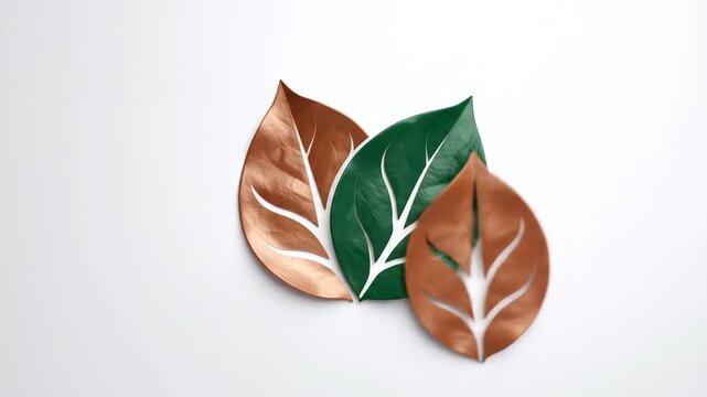 Two stylized leaves, copper and forest green, on a white background
