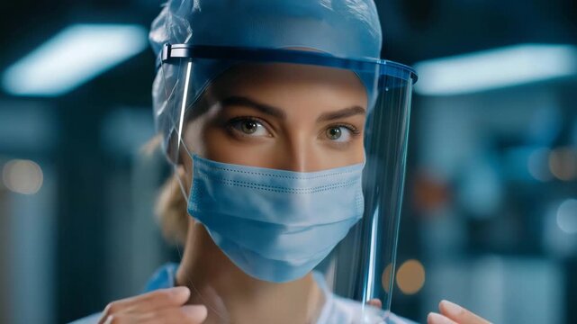 A healthcare worker adjusting a protective gown and face shield in a sterile preparation area, symbolizing infection prevention, safety procedures, and adherence to medical protocols. cinematic