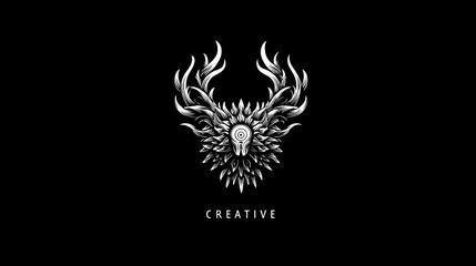Fototapeta premium Luxury deer logo with elegant white ornamental lines on black background, symbolizing power, creativity, and prestige. ideal for premium brands or creative agencies.