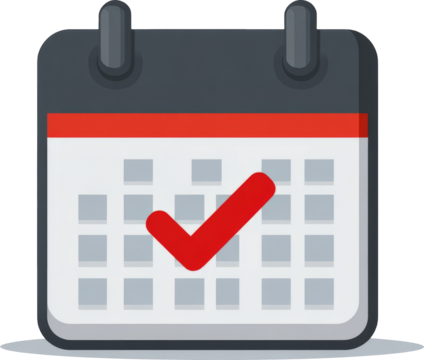 Efficient calendar icon displays positive checkmark, symbolizing successful task