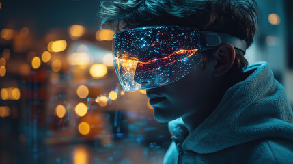 a student using augmented reality to study science at home, vibrant AR holograms