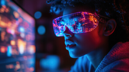a student using augmented reality to study science at home, vibrant AR holograms