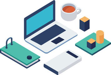 Obraz premium Modern isometric office desk setup with laptop and accessories vector illustration