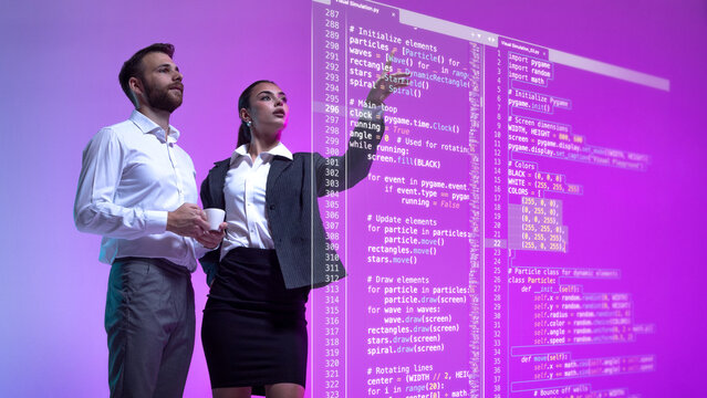 Creative digital artwork. Business team analyzing holographic programming interface in violet futuristic environment. Concept of leadership, teamwork, data management, and innovation in technology.