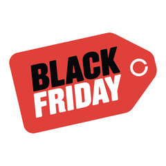 Red price tag icon with bold Black Friday text, featuring black and white lettering and circular arrow symbol for retail sale promotion