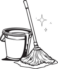 Black and white vector illustration of mop and bucket with sparkles indicating cleanliness and sanitation