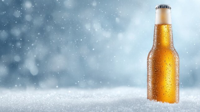 A glass bottle of beer rests in cool, fresh snow, glistening with condensation. Snowflakes gently flutter around, creating a serene winter atmosphere