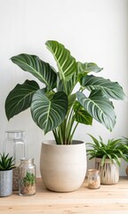 Obraz premium Lush Green Houseplants and Decorative Jars on a Light Wooden Shelf Against White Wall