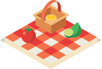 Isometric picnic basket with fresh fruit on gingham blanket vector illustration