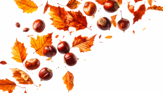 宙に舞う栗と紅葉が彩る秋の情景｜背景なし・透過PNG・コピースペース
