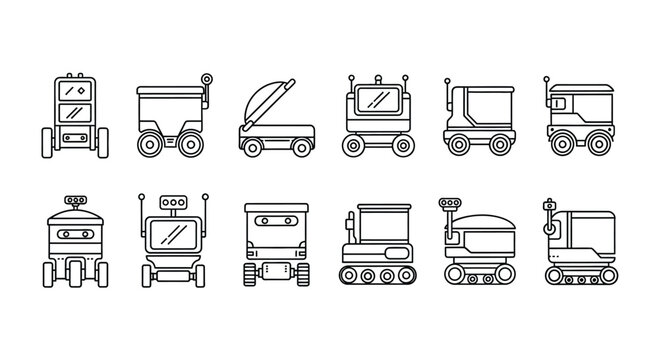 Collection of delivery robots isolated on white background in line style