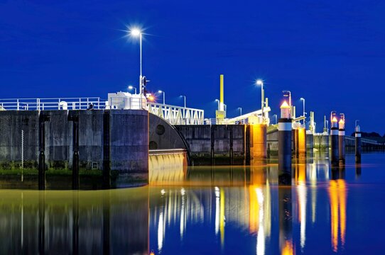 Blue hour at the Ems barrier near Gandersum, East Frisia, Lower Saxony, Germany