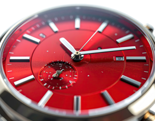 Close-up of a shiny wristwatch, featuring a vibrant red face and metallic accents