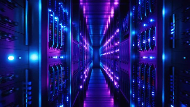 A neon-lit data center filled with server racks pulsing with light. The camera travels through narrow corridors, reflections of blue and purple light bouncing across metal surfaces