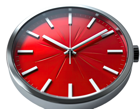 Close-up of a modern round wristwatch with a vibrant red dial and silver-tone details